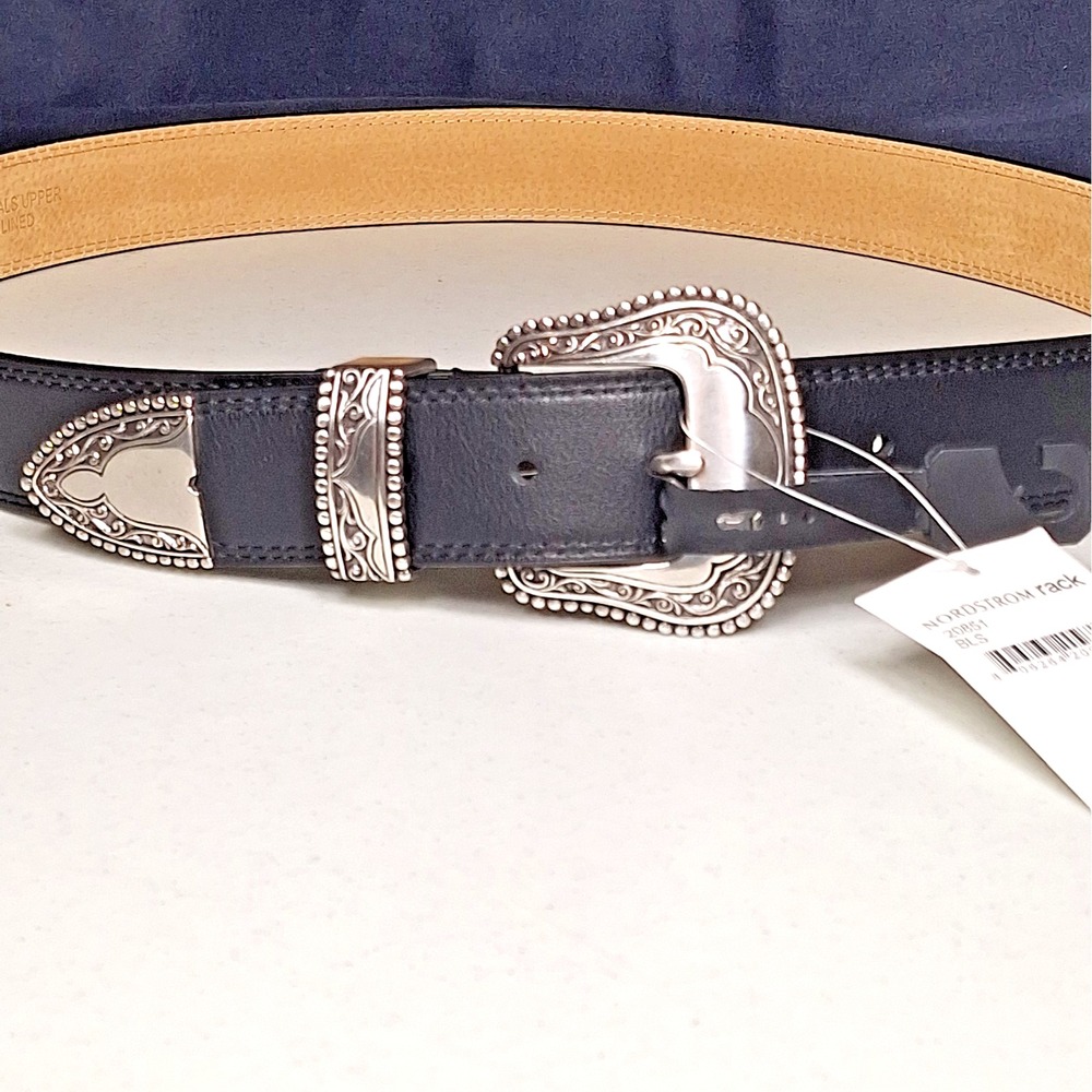 Black Concha Belt Silver Engraved Buckle Metal Tip Leather Lined Nordstrom Rack